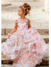 Beaded Neck Pink Printed Organza 3D Floral Romantic Flower Girl Dress